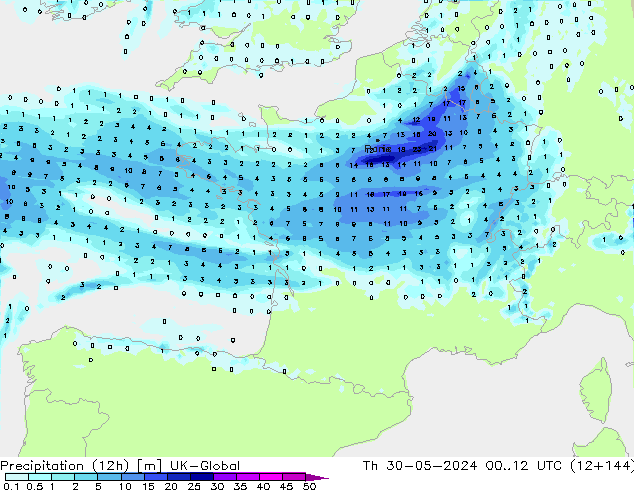 Precipitation (12h) UK-Global Th 30.05.2024 12 UTC