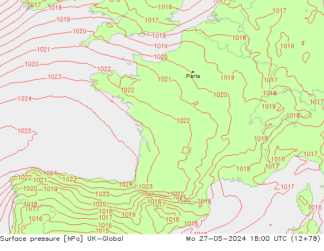 Surface pressure UK-Global Mo 27.05.2024 18 UTC