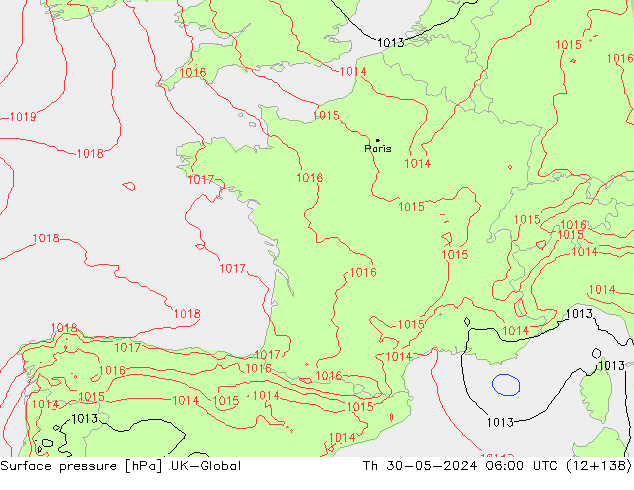 Surface pressure UK-Global Th 30.05.2024 06 UTC