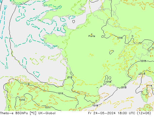 Theta-e 850hPa UK-Global Fr 24.05.2024 18 UTC