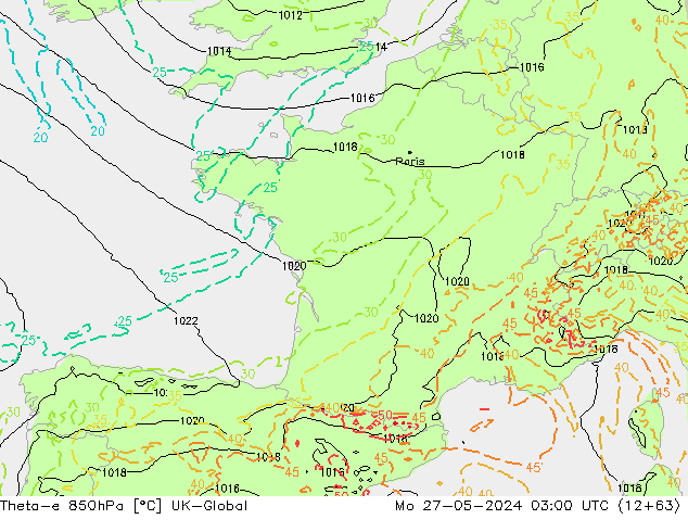 Theta-e 850hPa UK-Global  27.05.2024 03 UTC