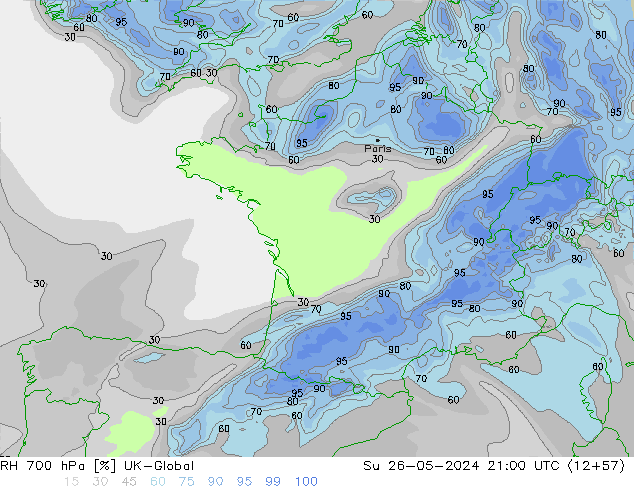 RH 700 hPa UK-Global Dom 26.05.2024 21 UTC