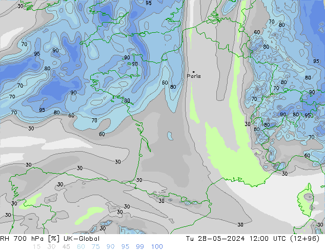 Humedad rel. 700hPa UK-Global mar 28.05.2024 12 UTC