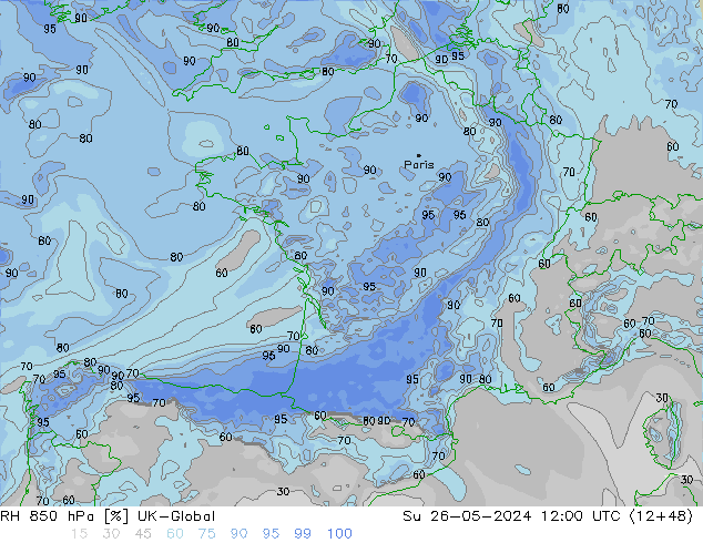 RH 850 hPa UK-Global nie. 26.05.2024 12 UTC