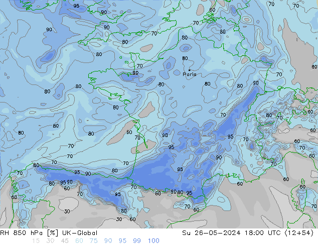 RH 850 hPa UK-Global nie. 26.05.2024 18 UTC