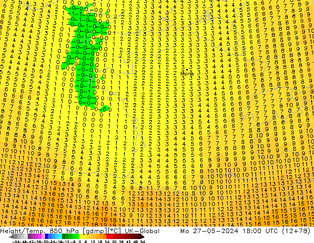 Hoogte/Temp. 850 hPa UK-Global ma 27.05.2024 18 UTC