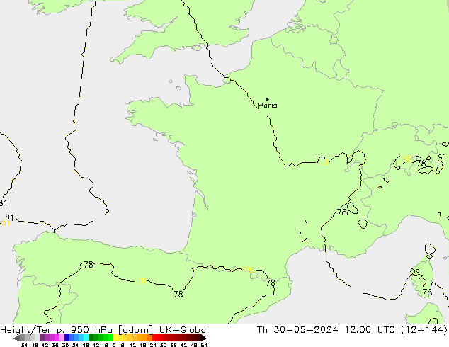 Height/Temp. 950 hPa UK-Global Čt 30.05.2024 12 UTC