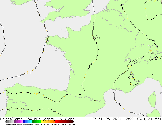 Height/Temp. 950 hPa UK-Global Fr 31.05.2024 12 UTC