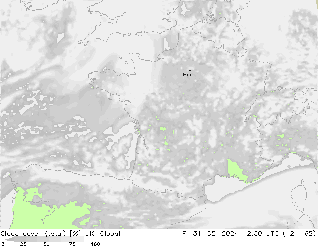 Cloud cover (total) UK-Global Pá 31.05.2024 12 UTC