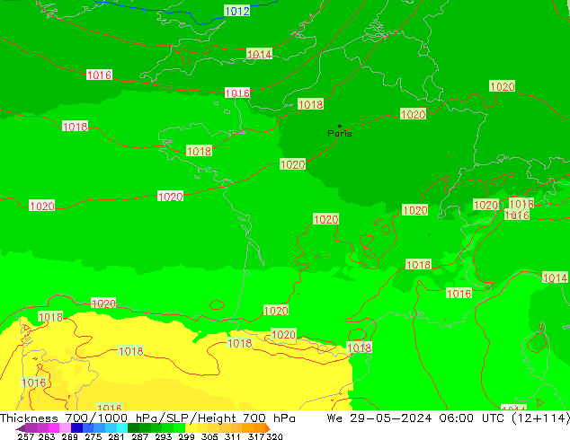 Thck 700-1000 гПа UK-Global ср 29.05.2024 06 UTC