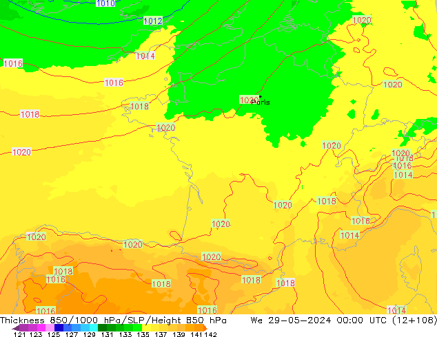 Espesor 850-1000 hPa UK-Global mié 29.05.2024 00 UTC