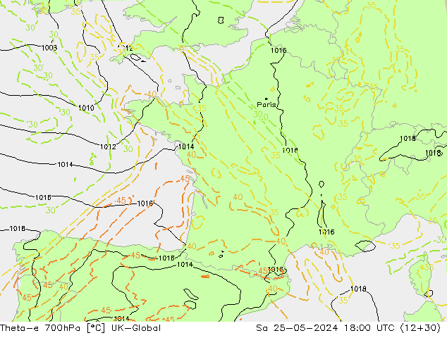 Theta-e 700hPa UK-Global Sa 25.05.2024 18 UTC