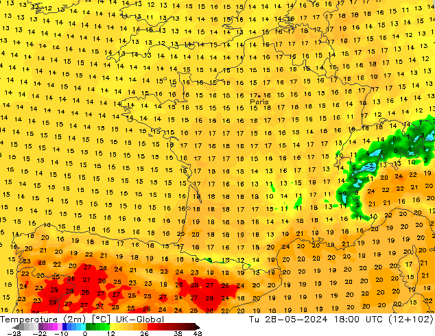 Temperatura (2m) UK-Global mar 28.05.2024 18 UTC