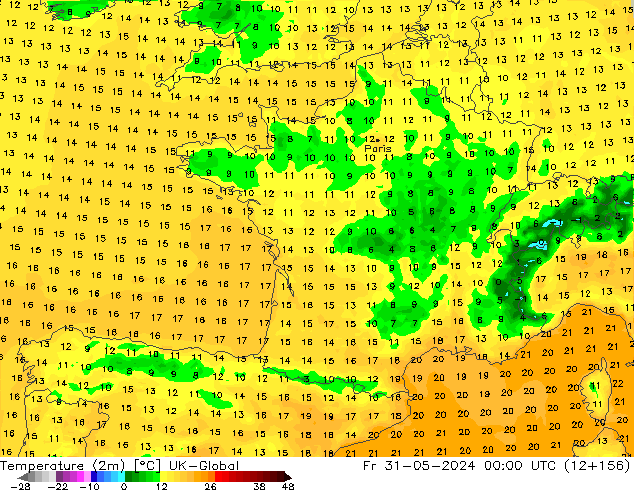 Temperatuurkaart (2m) UK-Global vr 31.05.2024 00 UTC