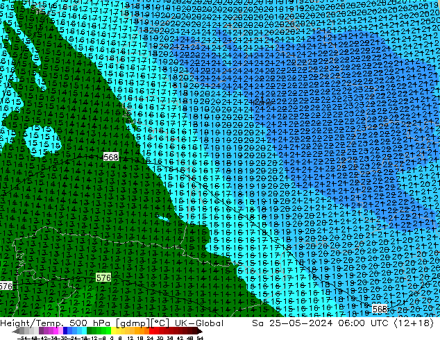 Geop./Temp. 500 hPa UK-Global sáb 25.05.2024 06 UTC