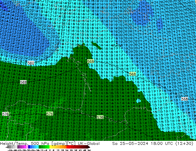 Height/Temp. 500 hPa UK-Global sab 25.05.2024 18 UTC