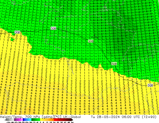 Height/Temp. 700 hPa UK-Global Tu 28.05.2024 06 UTC