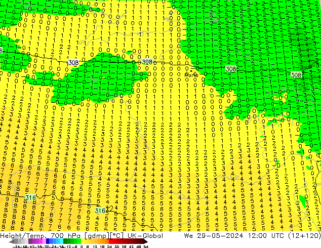 Hoogte/Temp. 700 hPa UK-Global wo 29.05.2024 12 UTC