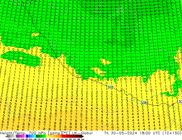 Height/Temp. 700 hPa UK-Global Th 30.05.2024 18 UTC