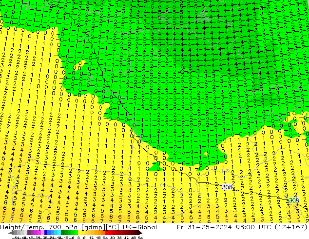 Height/Temp. 700 гПа UK-Global пт 31.05.2024 06 UTC