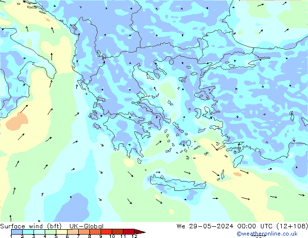 Vento 10 m (bft) UK-Global Qua 29.05.2024 00 UTC