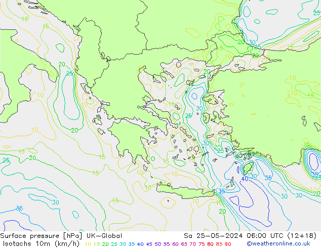 Isotachs (kph) UK-Global sam 25.05.2024 06 UTC