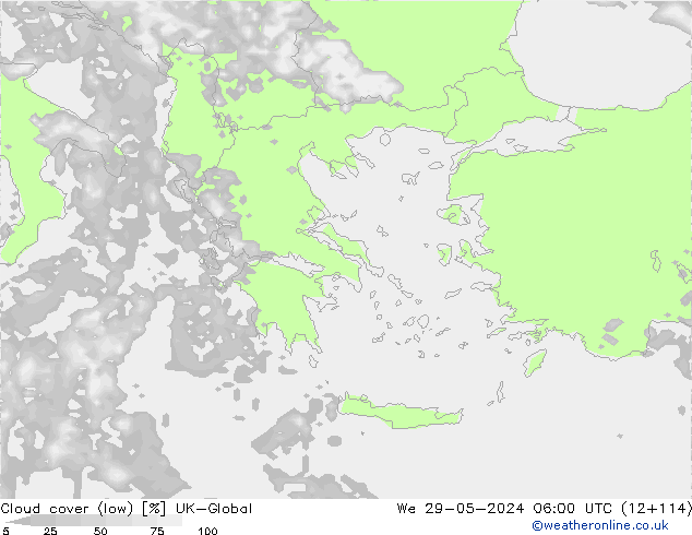 Cloud cover (low) UK-Global We 29.05.2024 06 UTC