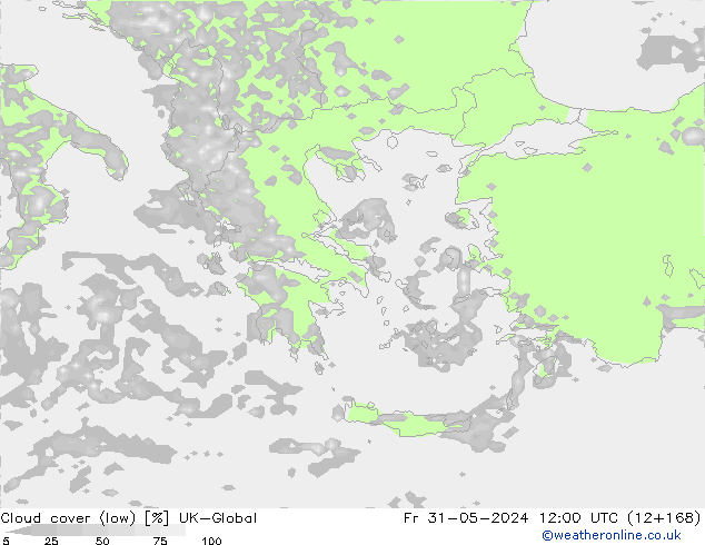 Cloud cover (low) UK-Global Fr 31.05.2024 12 UTC