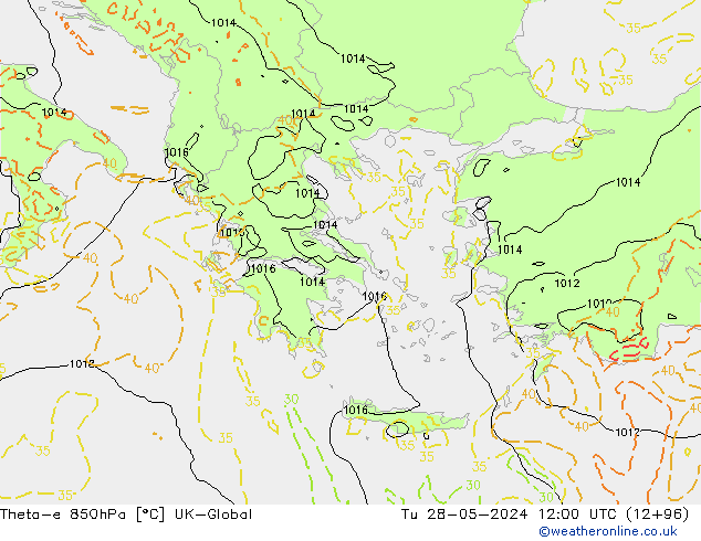 Theta-e 850hPa UK-Global Di 28.05.2024 12 UTC