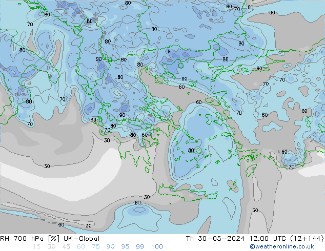 Humedad rel. 700hPa UK-Global jue 30.05.2024 12 UTC