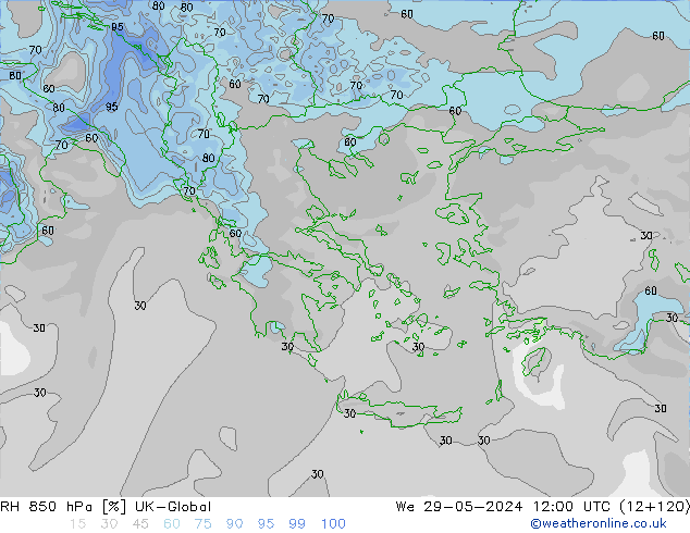 RH 850 hPa UK-Global We 29.05.2024 12 UTC