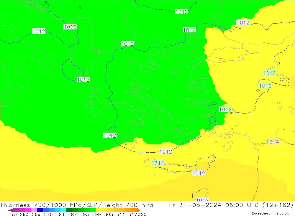 Thck 700-1000 hPa UK-Global Fr 31.05.2024 06 UTC