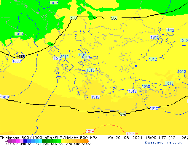 Espesor 500-1000 hPa UK-Global mié 29.05.2024 18 UTC