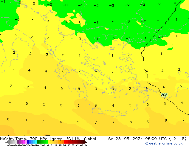 Height/Temp. 700 hPa UK-Global Sa 25.05.2024 06 UTC