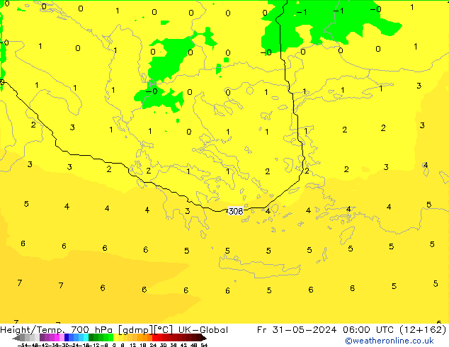 Height/Temp. 700 hPa UK-Global Fr 31.05.2024 06 UTC