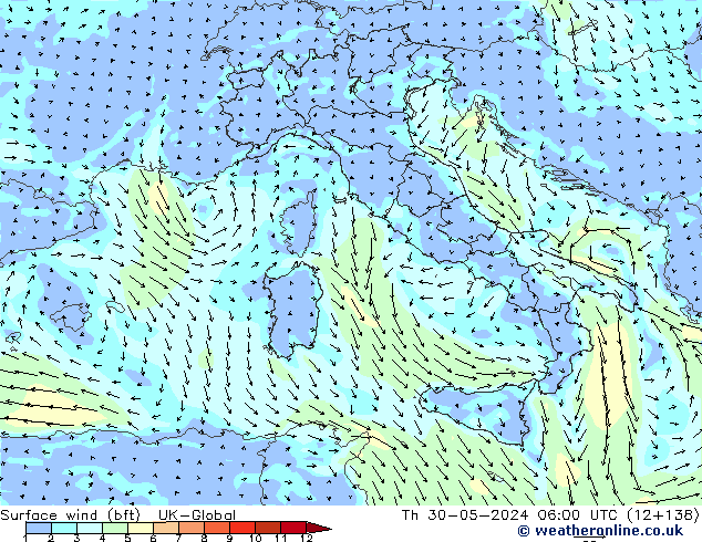 Rüzgar 10 m (bft) UK-Global Per 30.05.2024 06 UTC