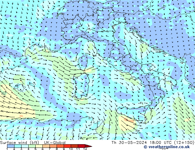 Wind 10 m (bft) UK-Global do 30.05.2024 18 UTC