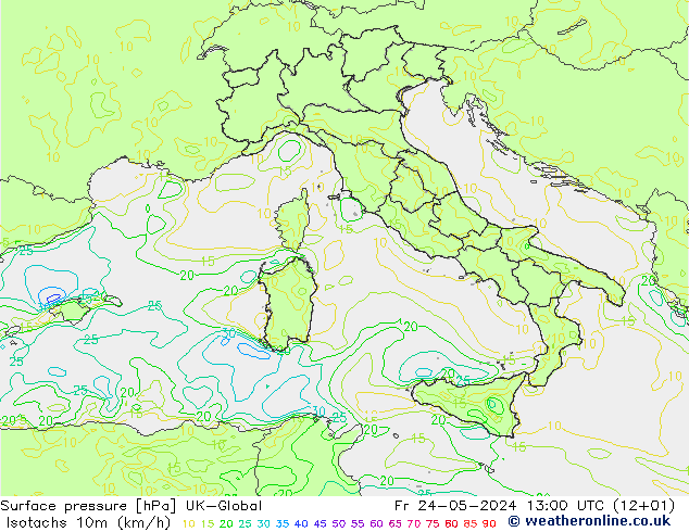 Isotachs (kph) UK-Global Fr 24.05.2024 13 UTC