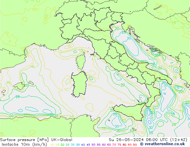 Eşrüzgar Hızları (km/sa) UK-Global Paz 26.05.2024 06 UTC