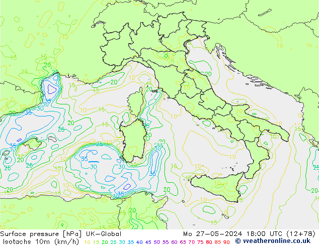 Isotachs (kph) UK-Global Po 27.05.2024 18 UTC