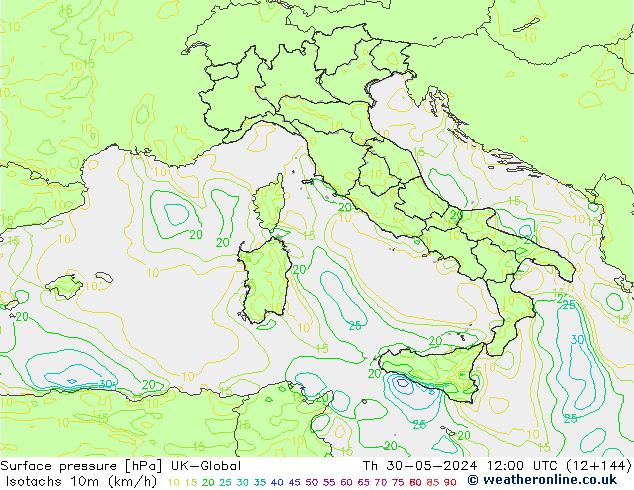 Isotachs (kph) UK-Global Th 30.05.2024 12 UTC