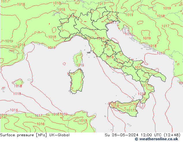 Pressione al suolo UK-Global dom 26.05.2024 12 UTC