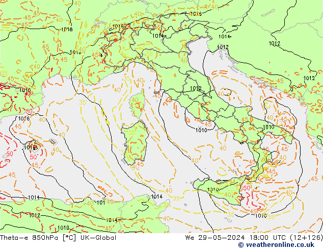 Theta-e 850hPa UK-Global We 29.05.2024 18 UTC