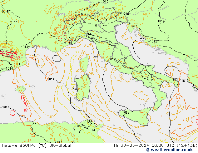 Theta-e 850hPa UK-Global Per 30.05.2024 06 UTC