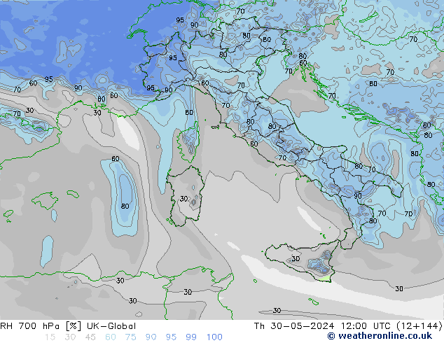 RH 700 hPa UK-Global czw. 30.05.2024 12 UTC