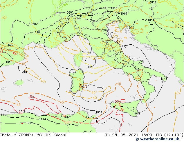 Theta-e 700hPa UK-Global Di 28.05.2024 18 UTC