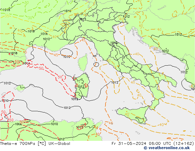 Theta-e 700hPa UK-Global ven 31.05.2024 06 UTC