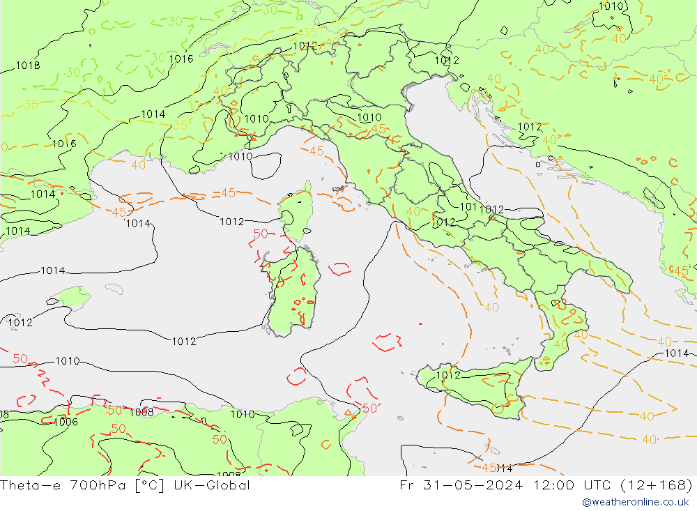 Theta-e 700hPa UK-Global Sex 31.05.2024 12 UTC