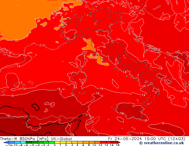 Theta-W 850hPa UK-Global Cu 24.05.2024 15 UTC