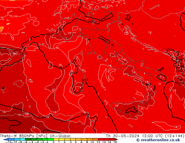 Theta-W 850hPa UK-Global Th 30.05.2024 12 UTC